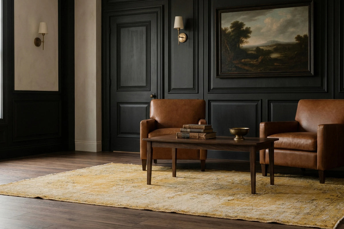 Yellow Turkish rug in a den
