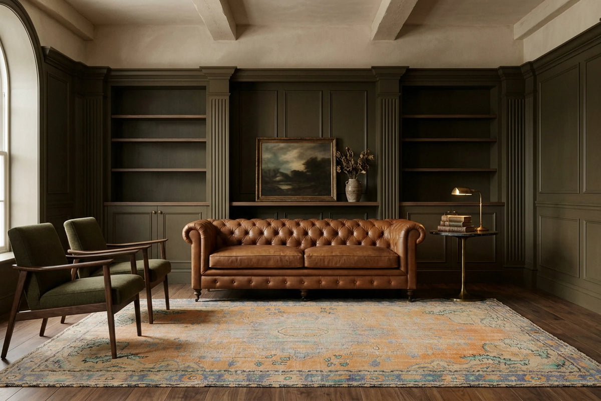 Orange Turkish rug in a styled room