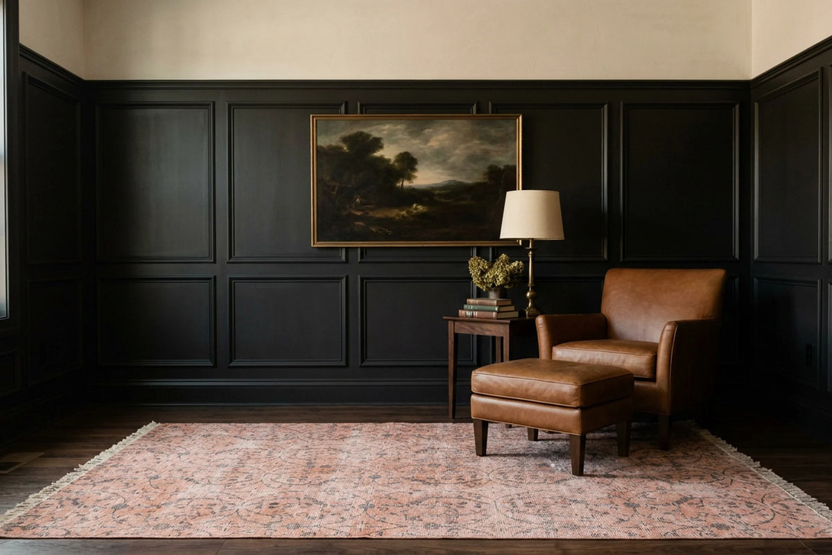 Orange Turkish rug in a den