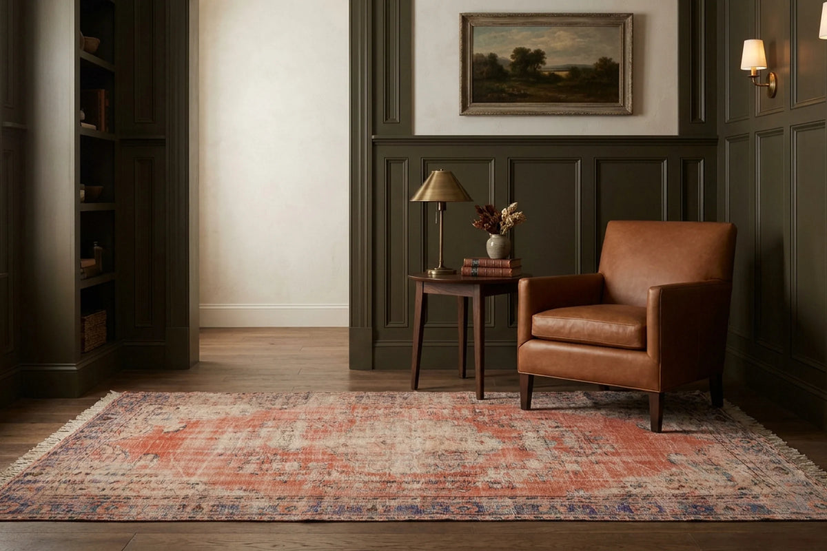 Orange Turkish rug in a styled room