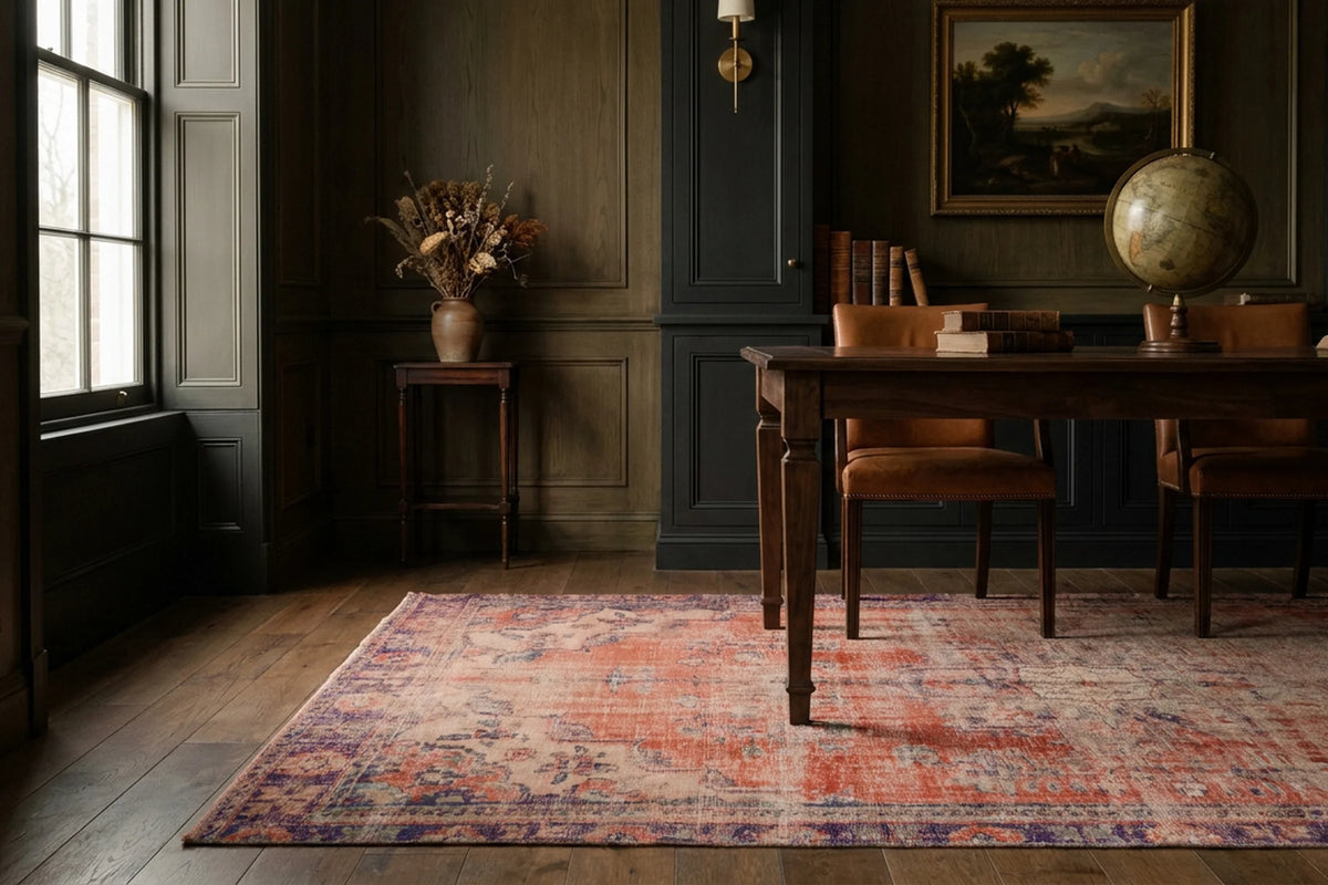 Orange Turkish rug in a styled room