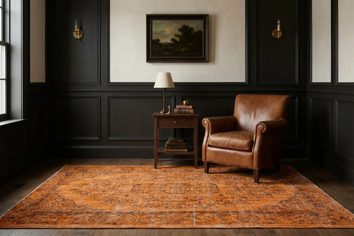 Orange Turkish rug in a styled room