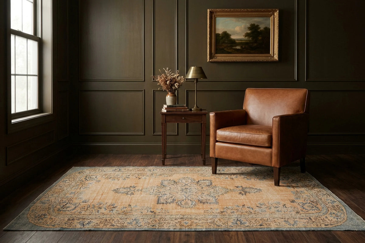 Orange Turkish rug in a styled room