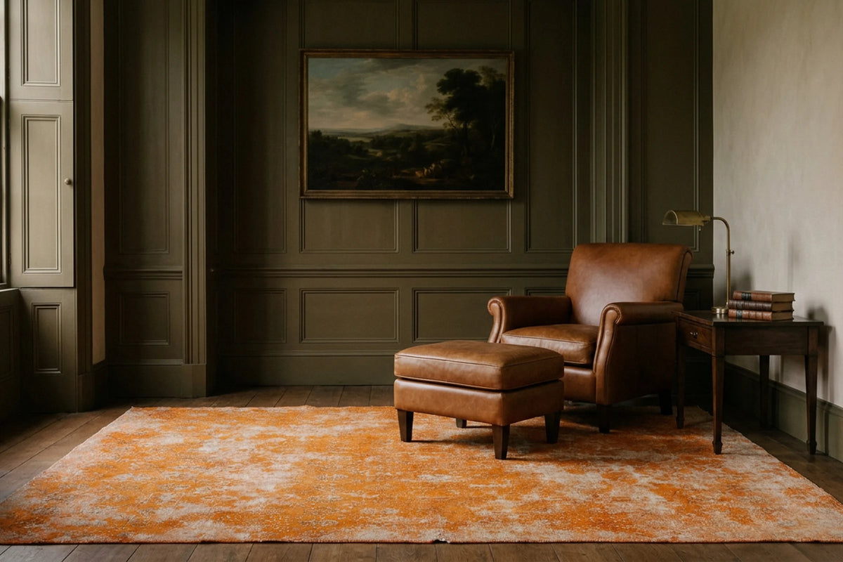 Orange Turkish rug in a conservatory