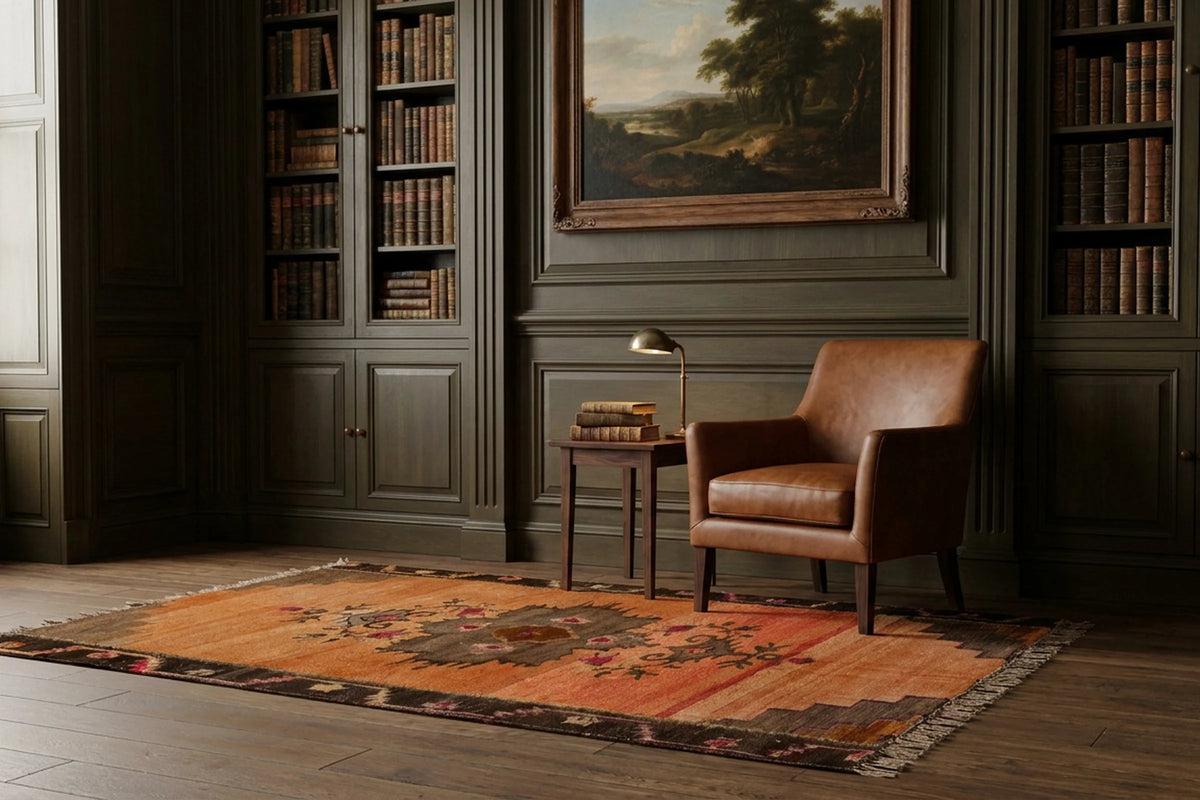 Orange Turkish rug in a styled room