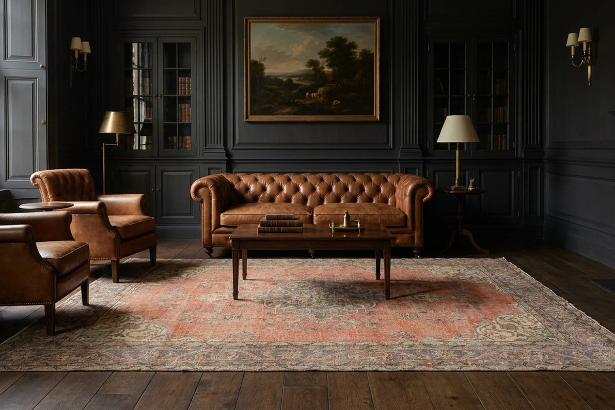 Orange Turkish rug in a styled room