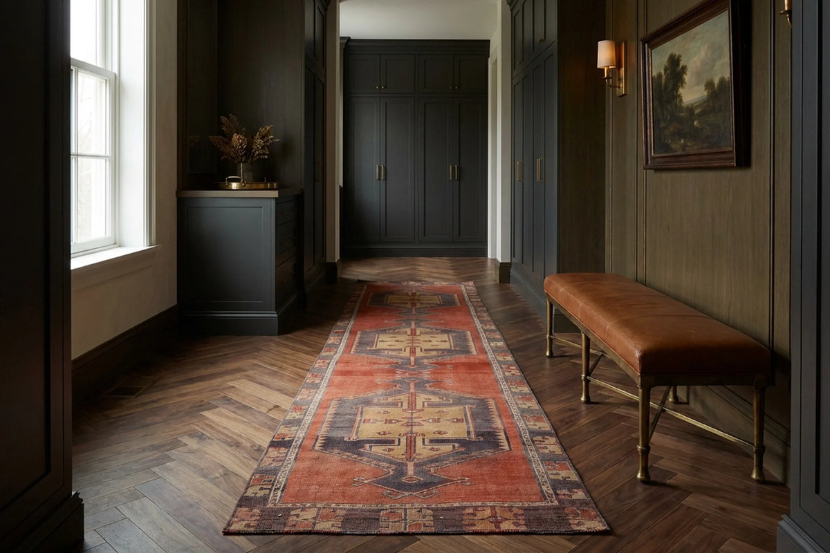 Red Turkish runner rug in a corridor