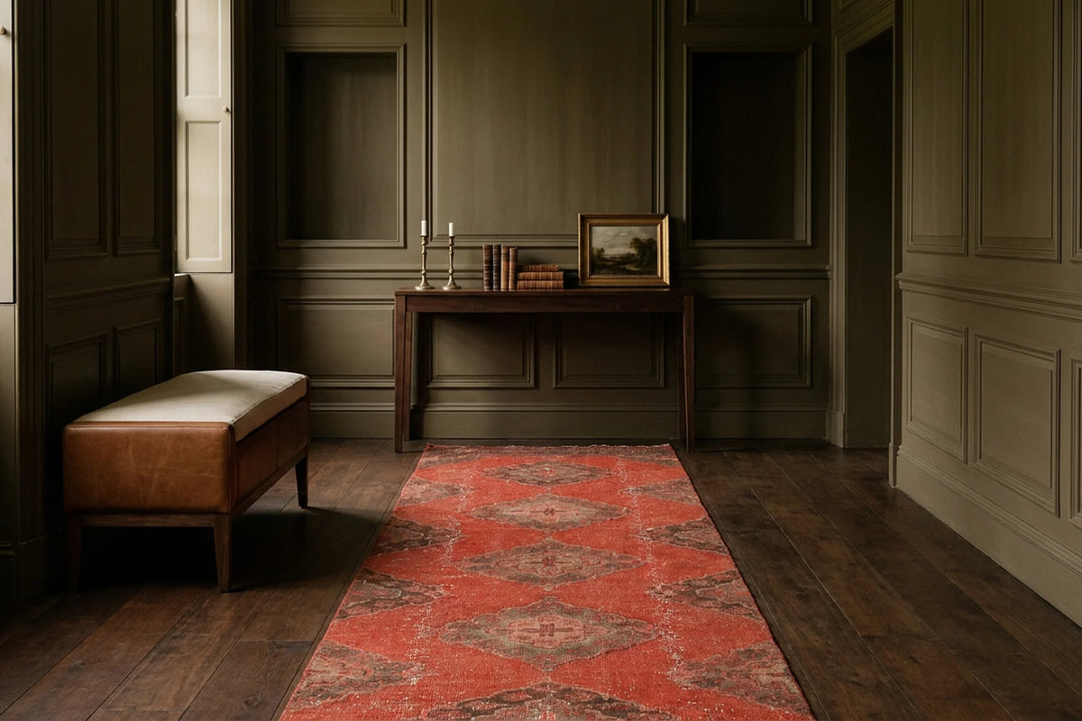 Red Turkish runner rug in a den