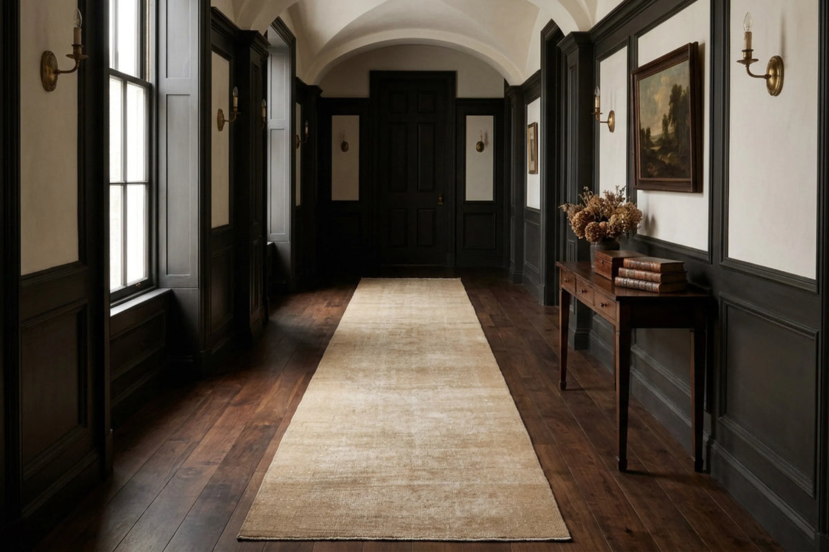 Beige Turkish runner rug in a styled room