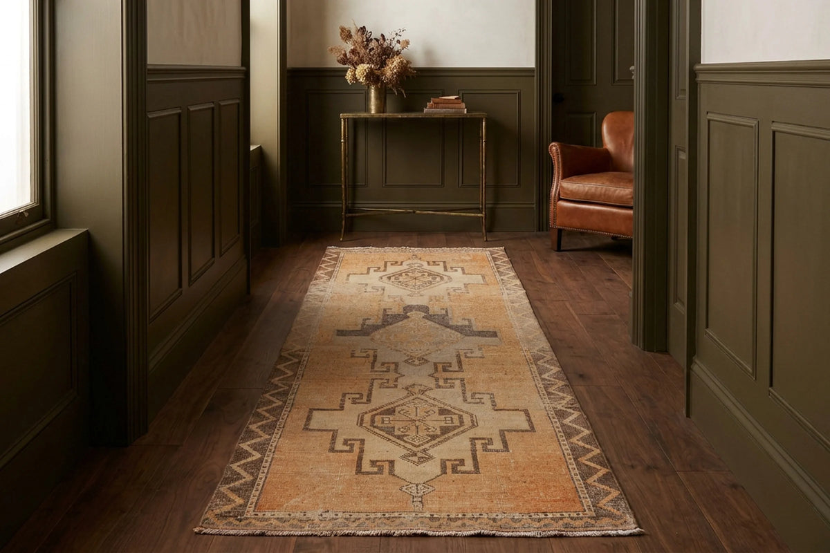 Beige Turkish runner rug in a hallway