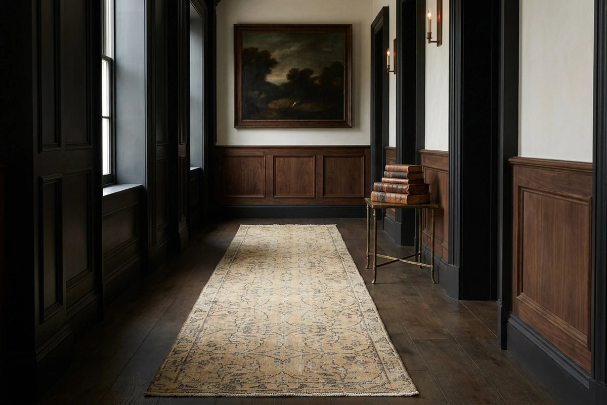 Beige Turkish runner rug in a hallway