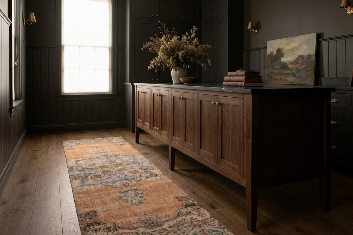 Orange Turkish runner rug in a styled room