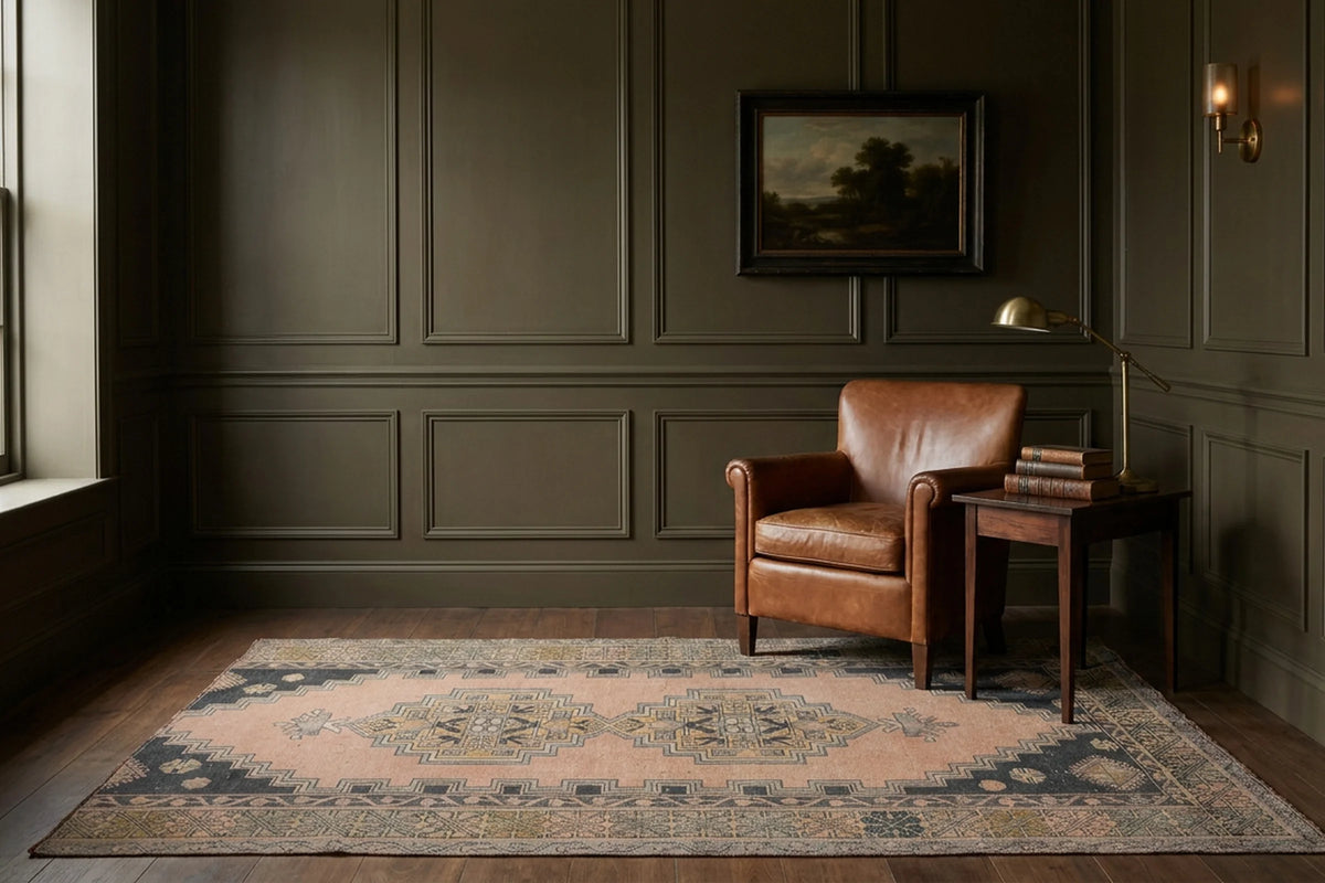 Brown Turkish runner rug in a study