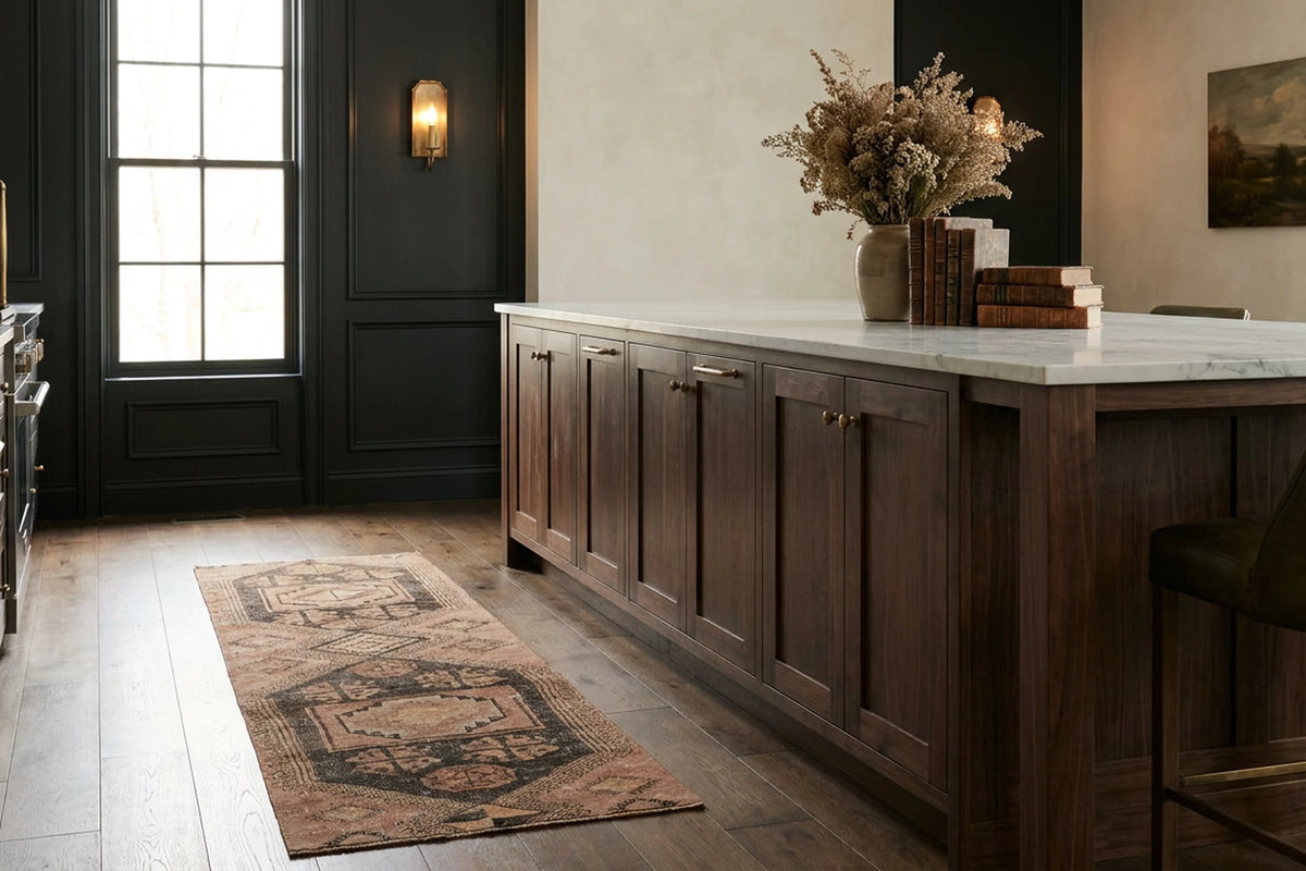 Brown Turkish runner rug in a kitchen