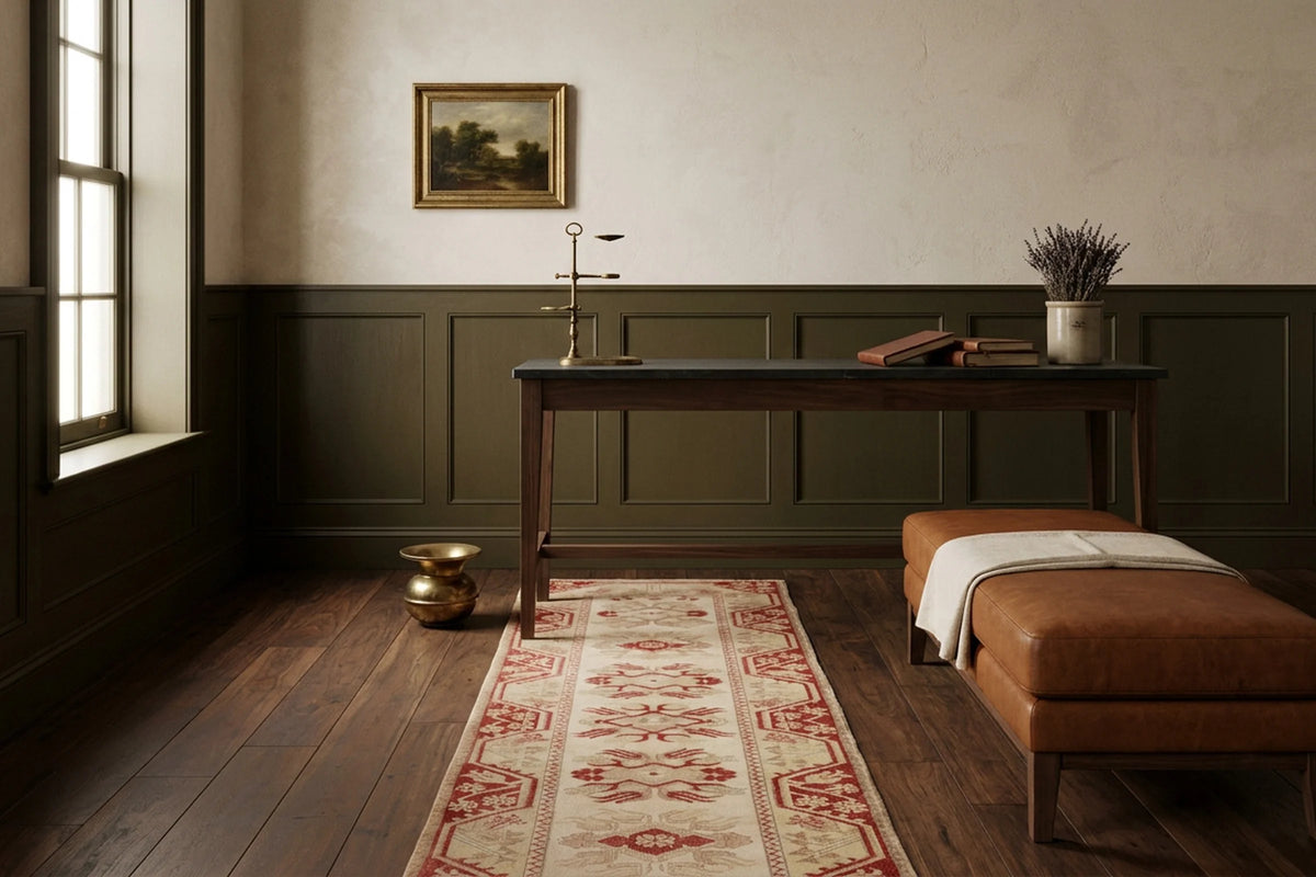 Beige Turkish runner rug in a styled room