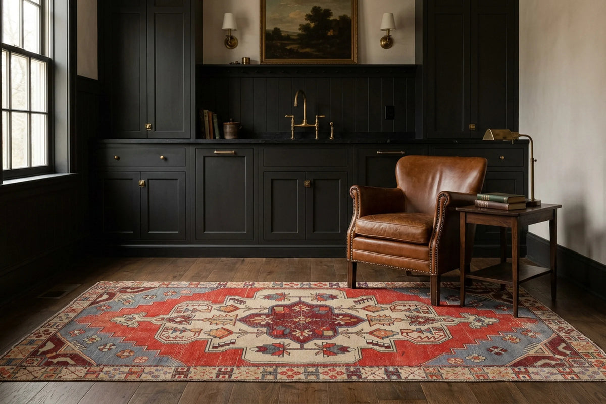 Red Turkish runner rug in a kitchen