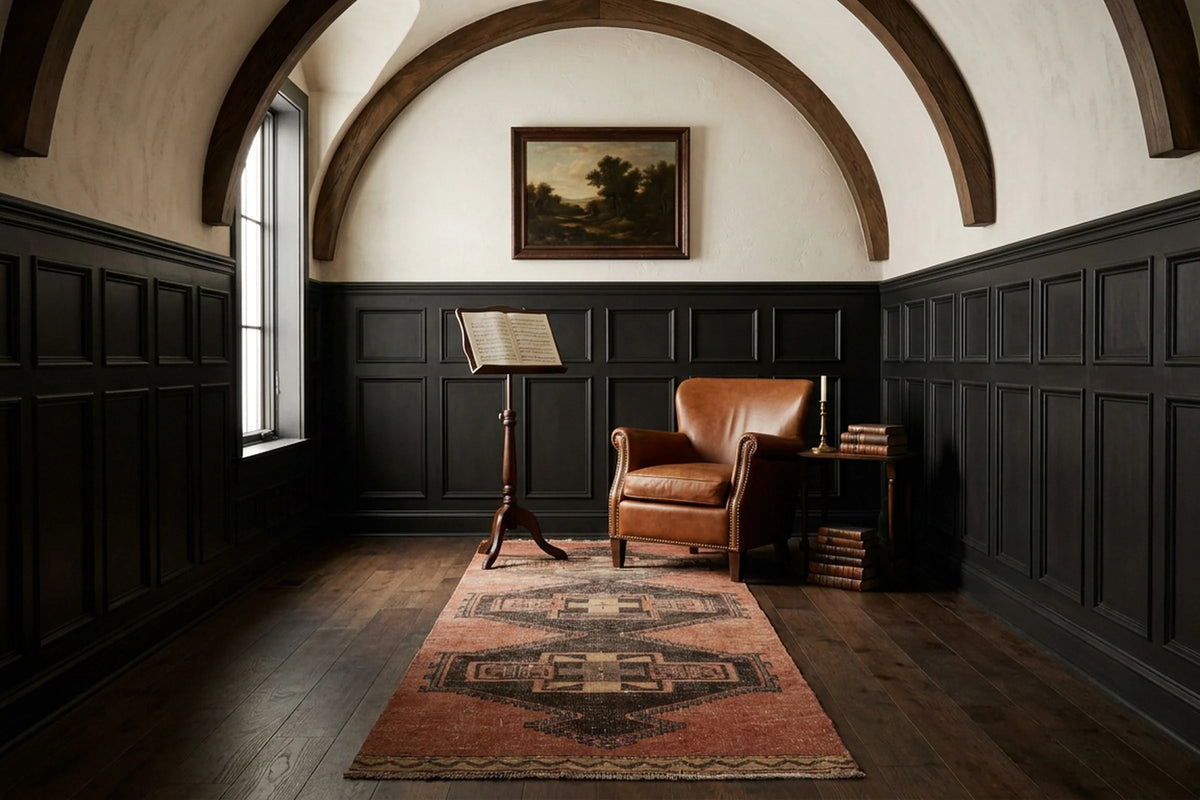 Brown Turkish runner rug in a styled room
