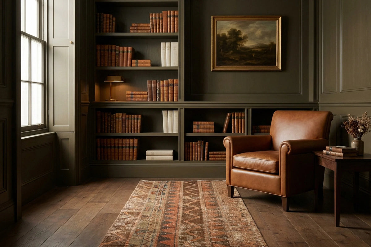 Brown Turkish runner rug in a styled room