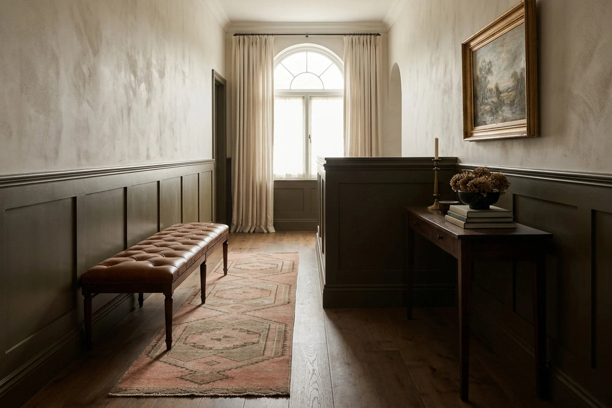 Pink Turkish runner rug in a corridor