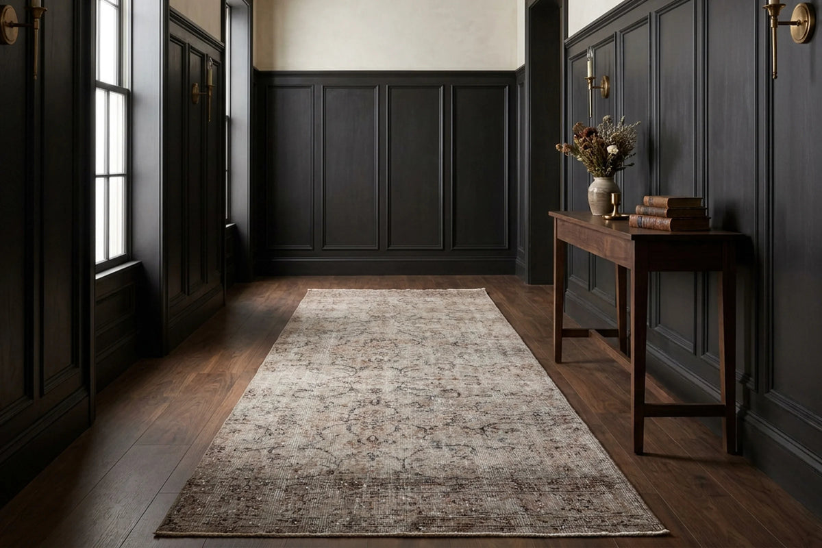 Gray Turkish runner rug in a styled room