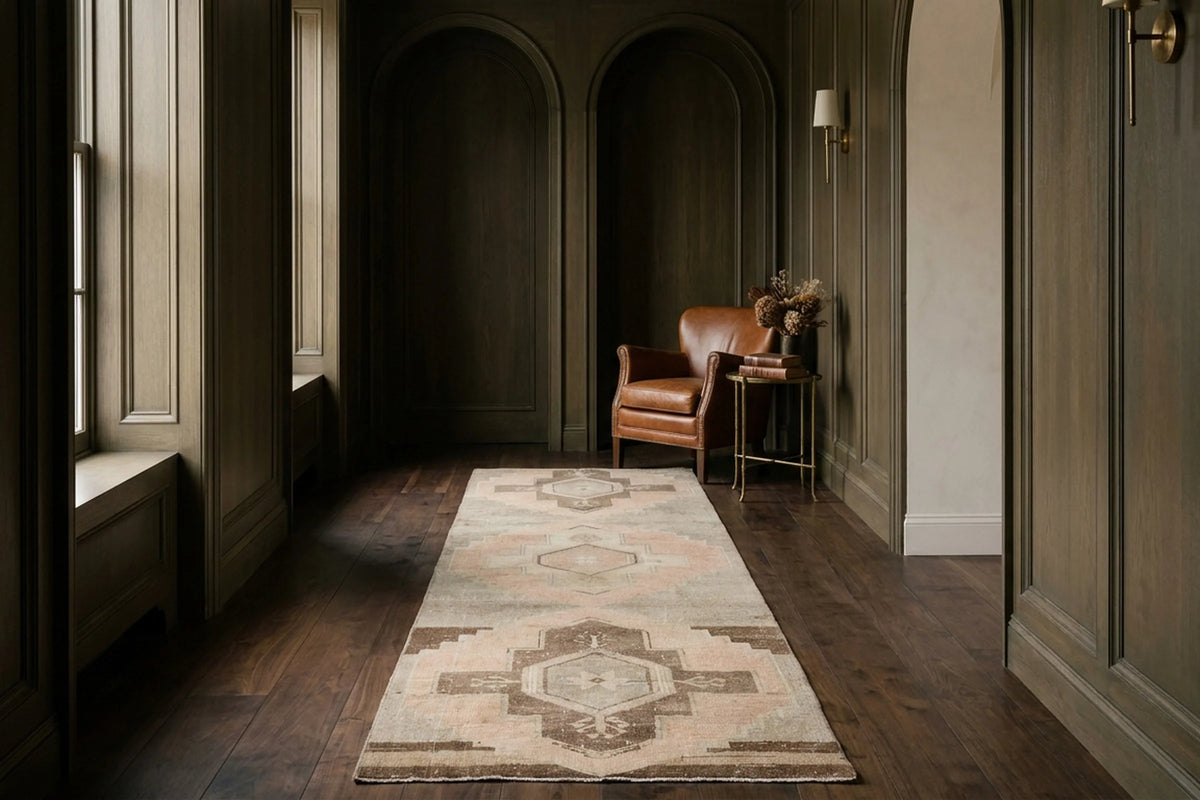 Beige Turkish runner rug in a den