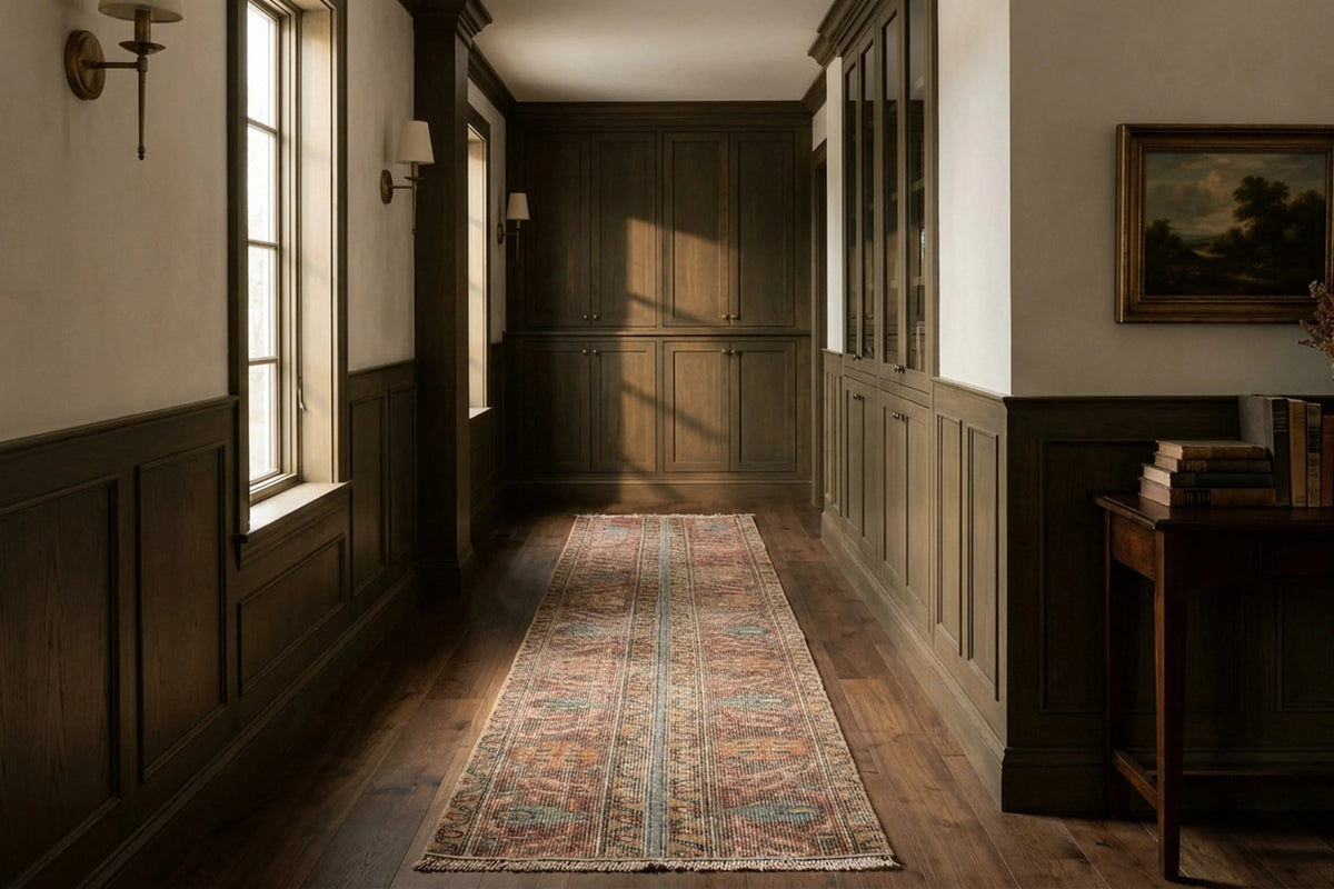 Brown Turkish runner rug in a library