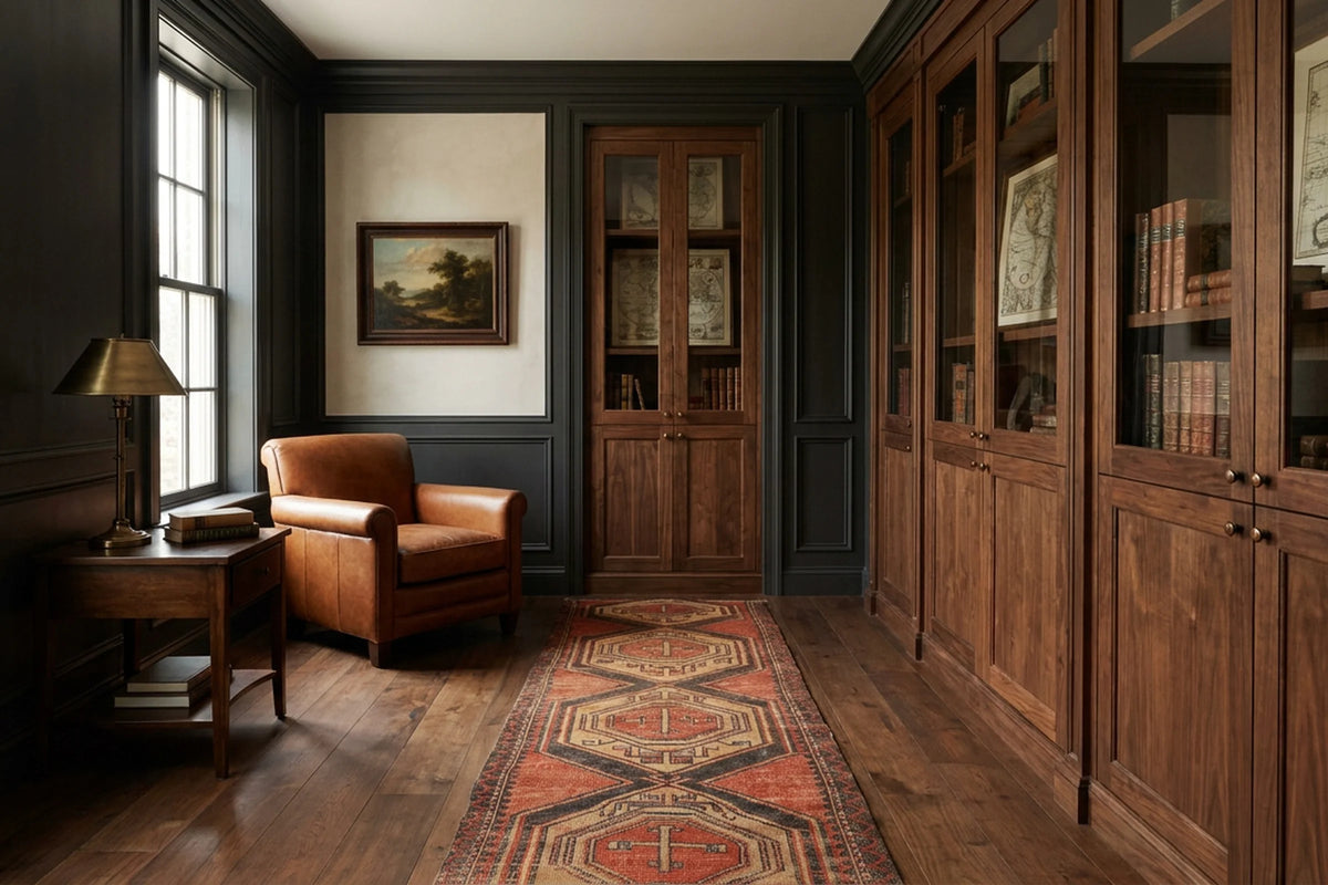 Red Turkish runner rug in a study