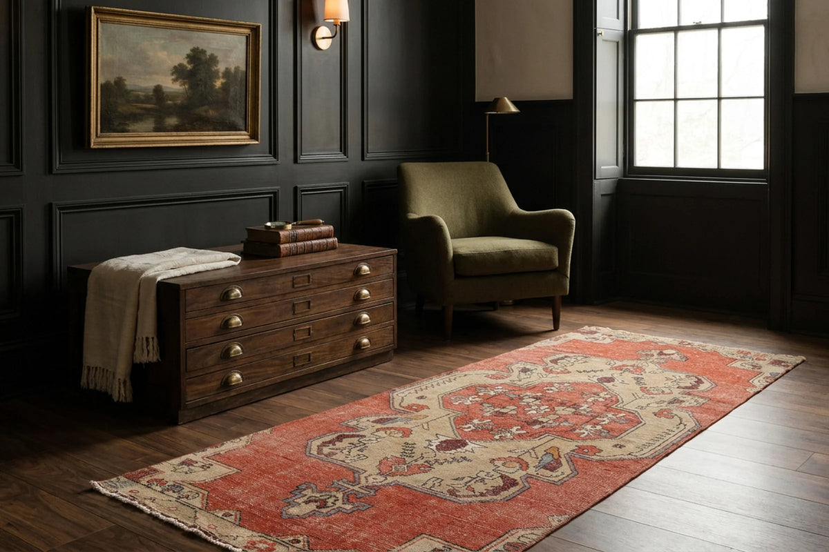 Red Turkish runner rug in a den