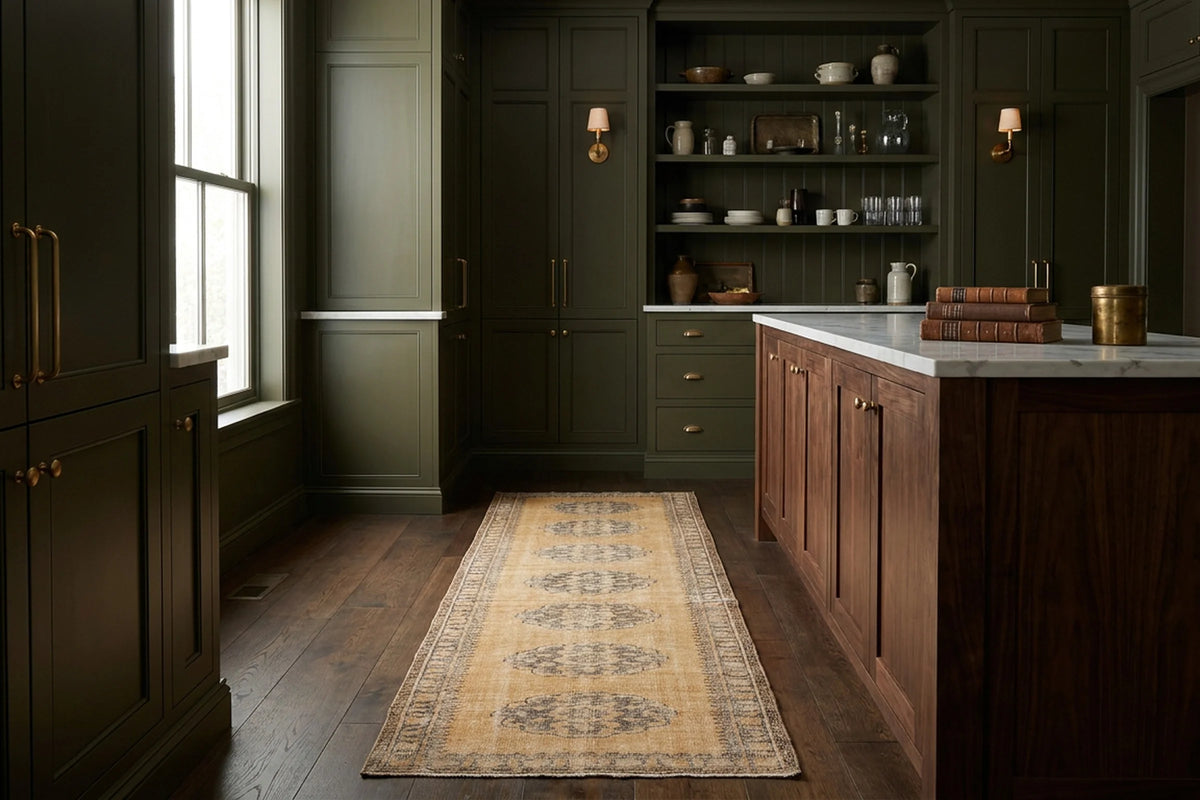 Beige Turkish runner rug in a styled room