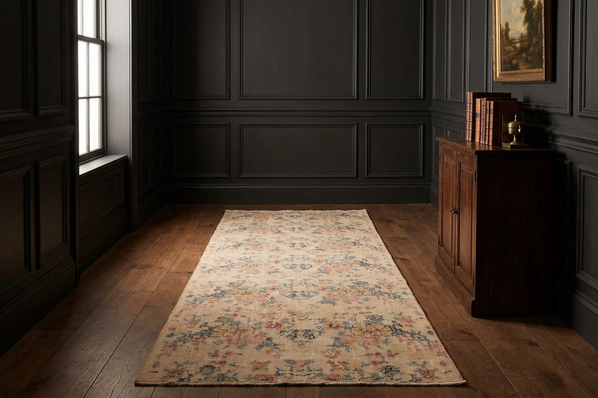Beige Turkish runner rug in a styled room