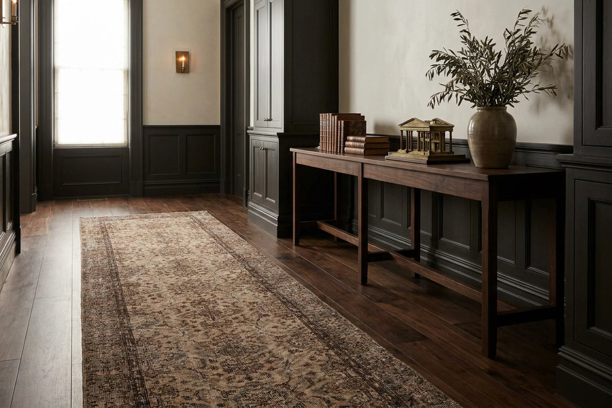 Beige Turkish runner rug in a styled room