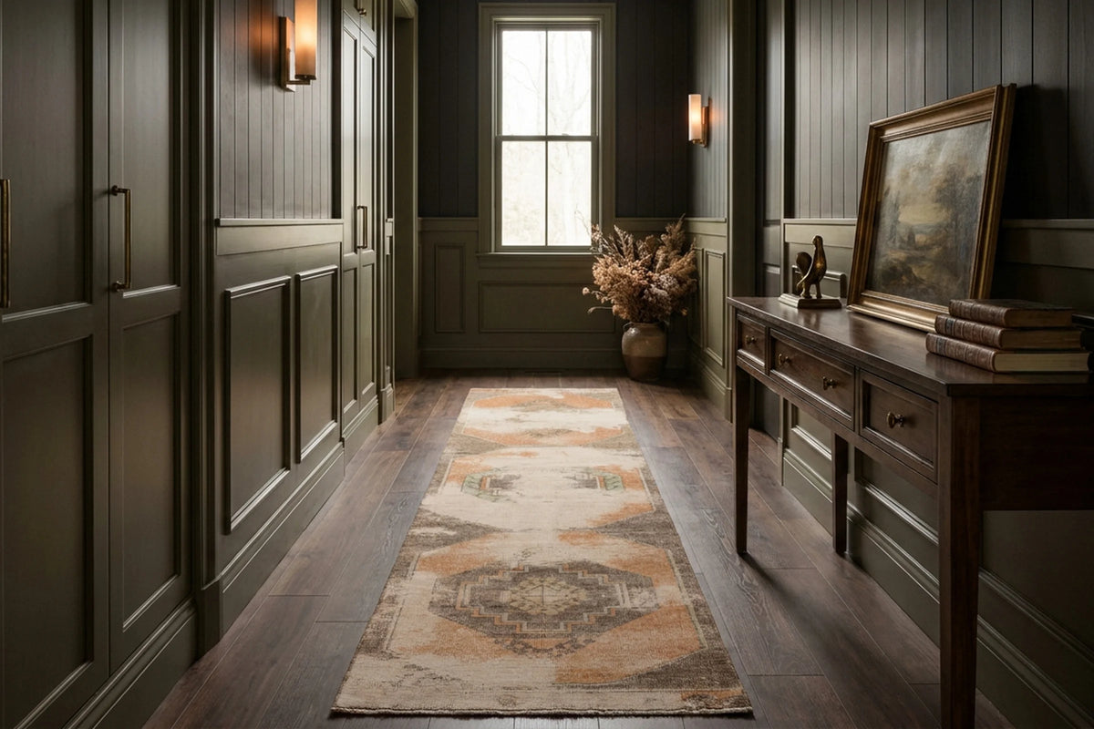 Beige Turkish runner rug in a styled room