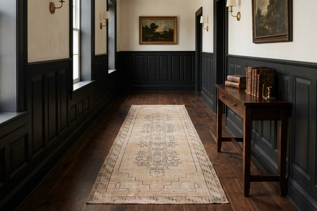 Beige Turkish runner rug in a hallway