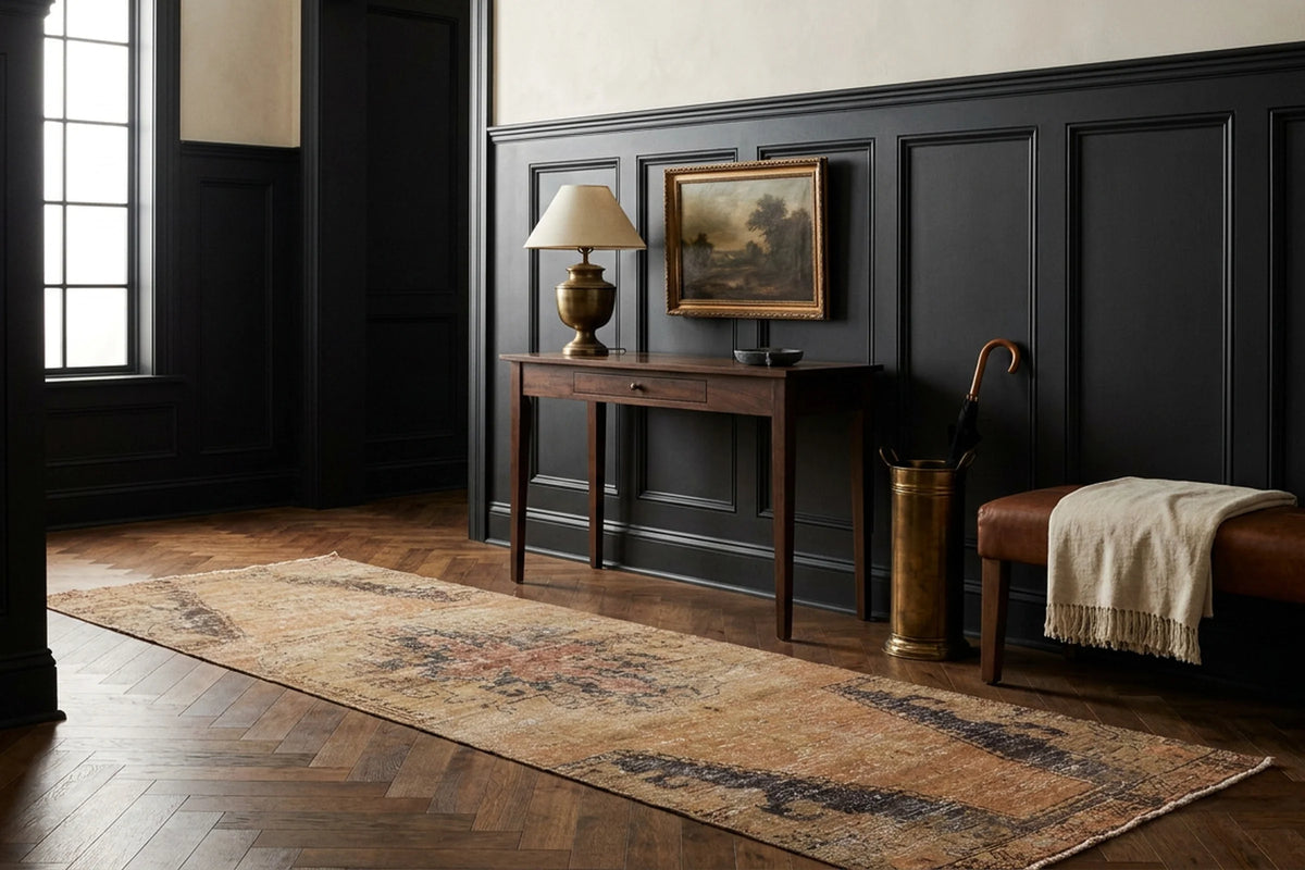 Beige Turkish runner rug in an entryway