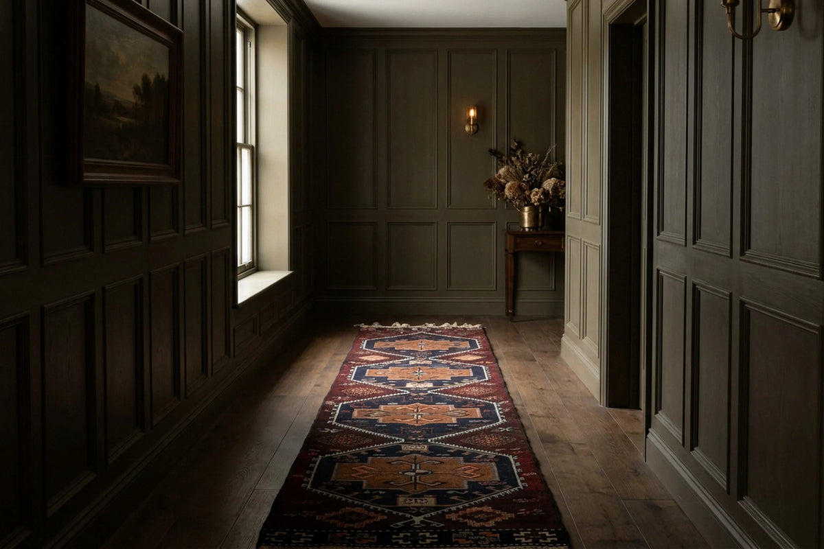 Brown Turkish runner rug in a styled room