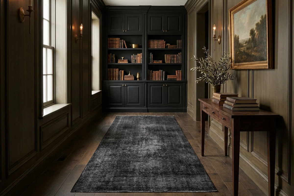 Gray Turkish runner rug in a hallway