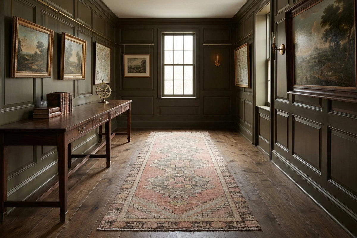 Pink Turkish runner rug in a styled room