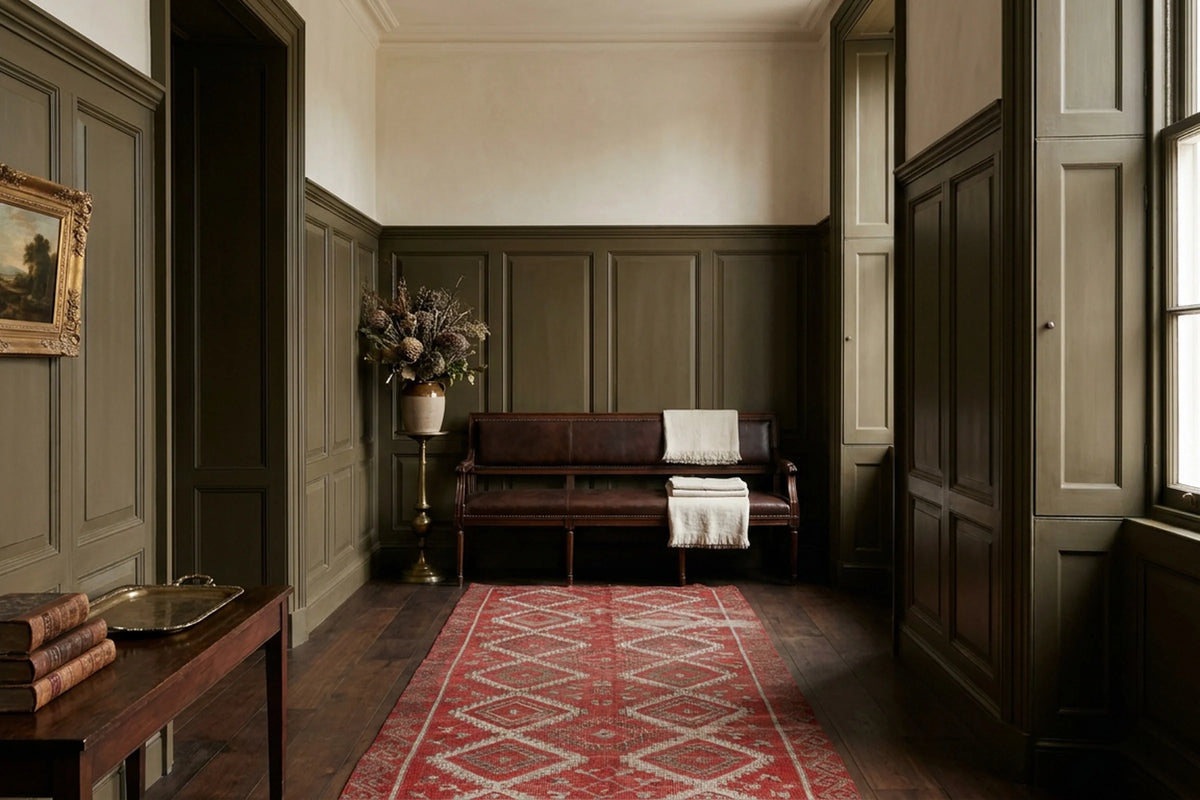 Red Turkish runner rug in a corridor