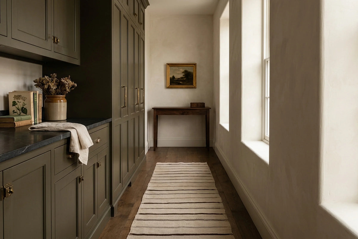 Beige Turkish runner rug in a styled room