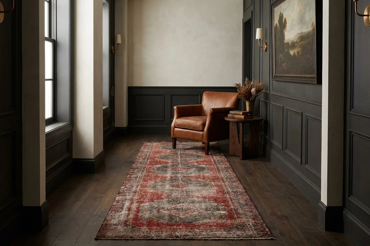 Red Turkish runner rug in a corridor