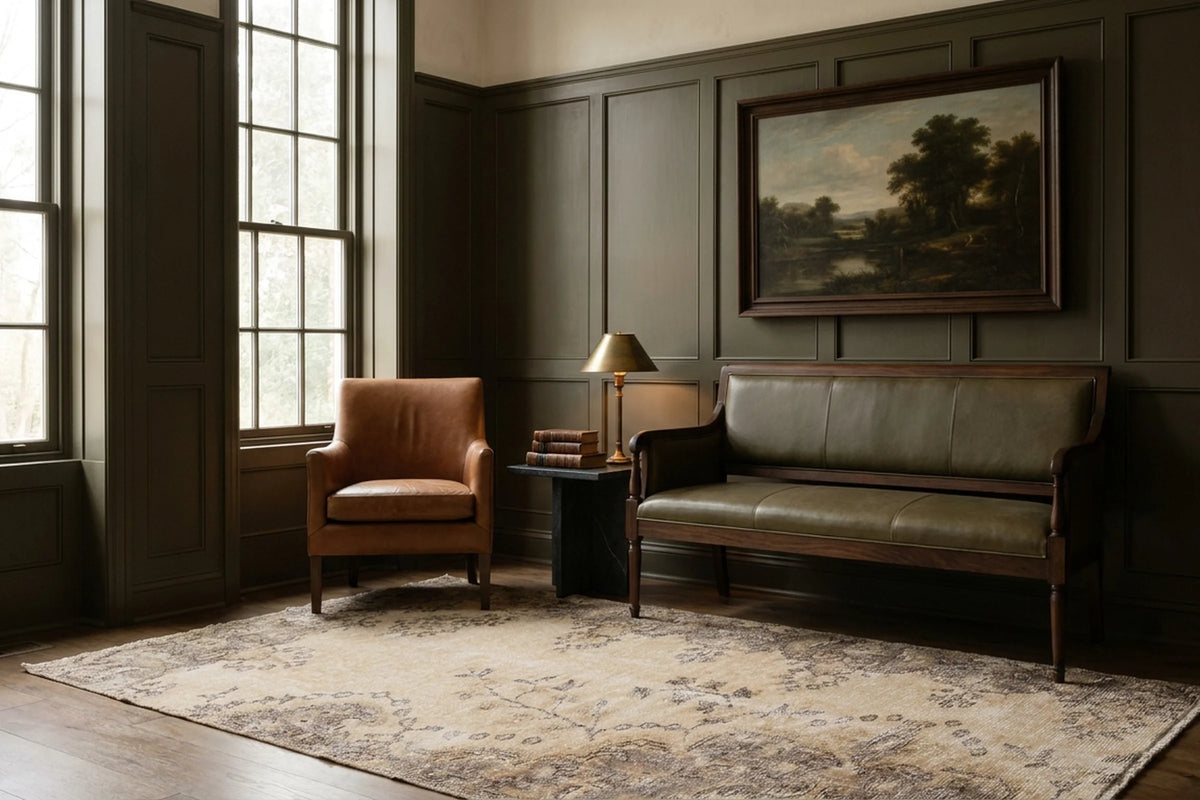 Beige Turkish runner rug in a conservatory