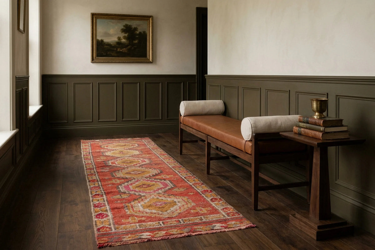 Red Turkish runner rug in a hallway