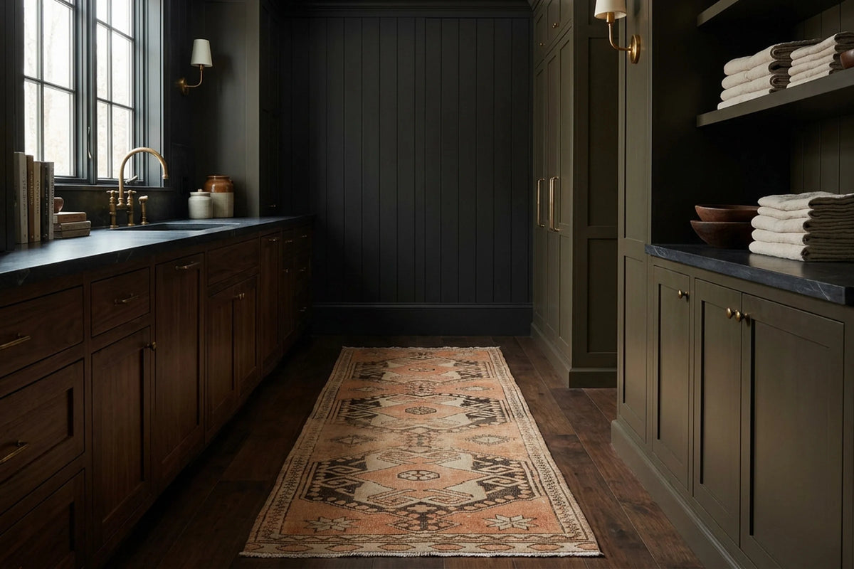 Brown Turkish runner rug in a styled room