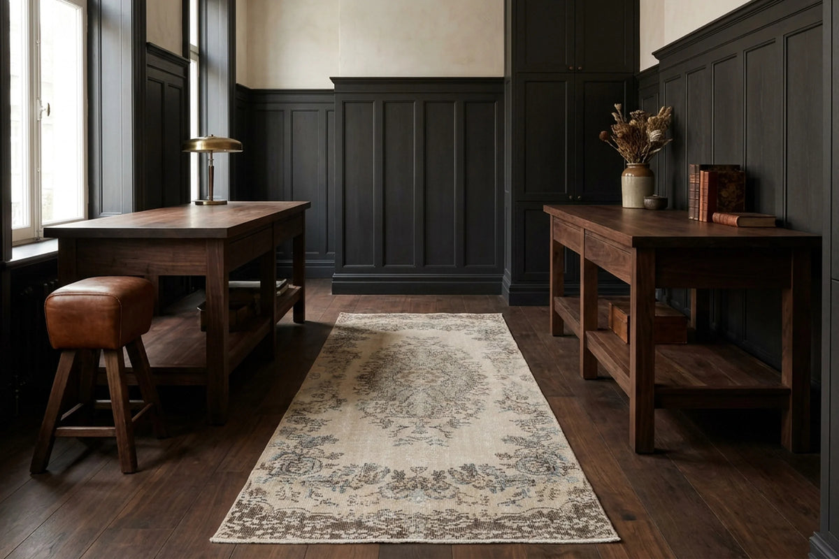 Beige Turkish runner rug in a styled room