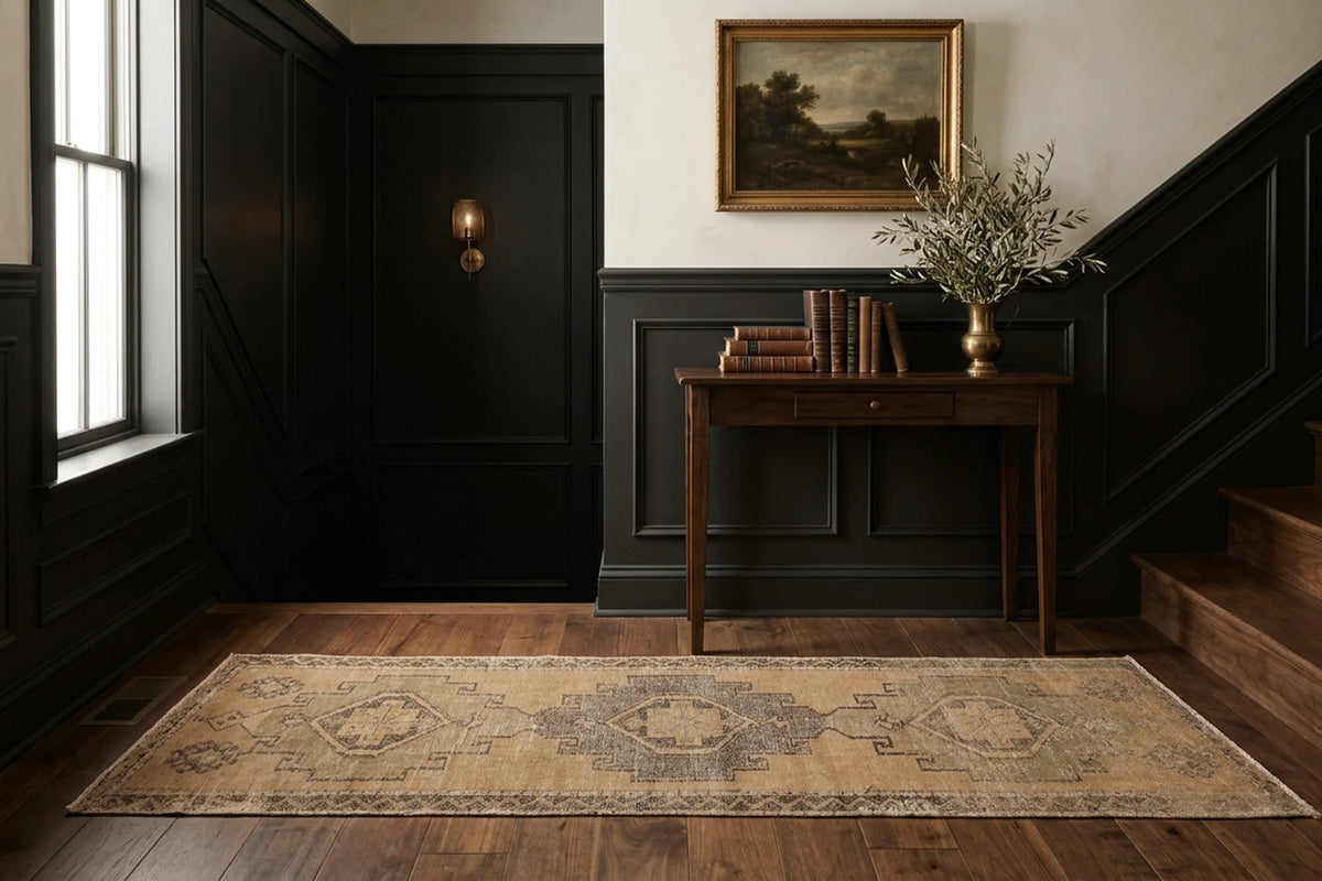 Beige Turkish runner rug in a landing
