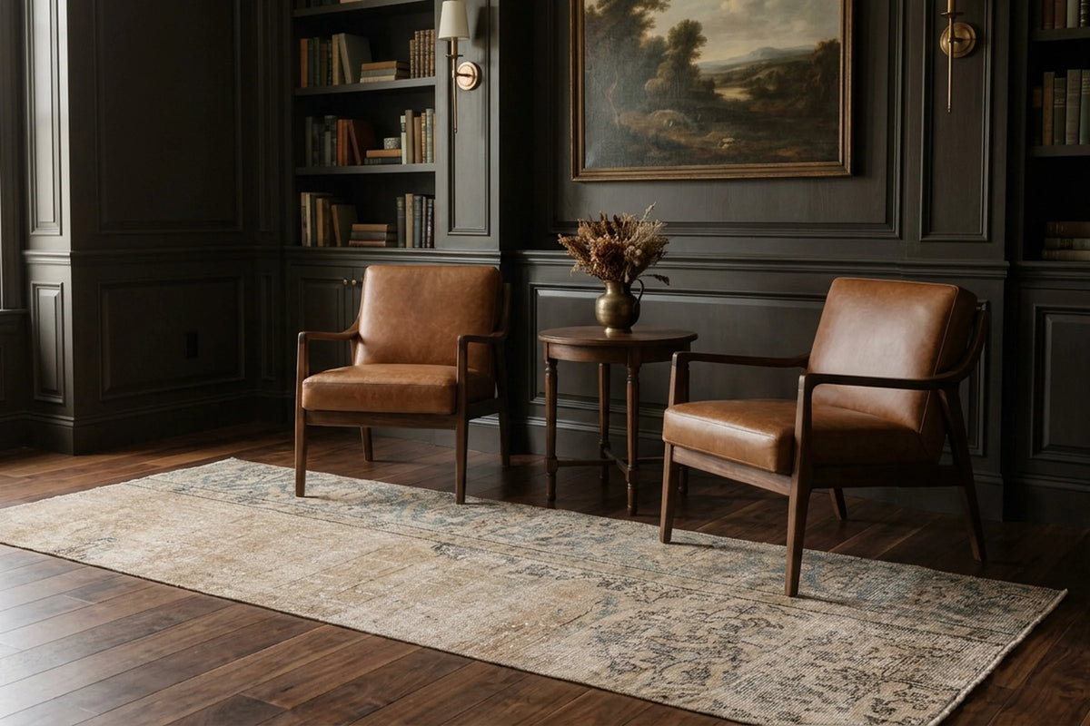 Beige Turkish runner rug in a library