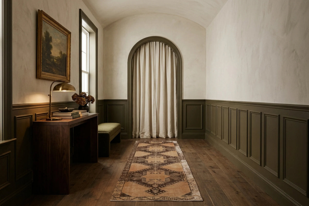 Brown Turkish runner rug in a styled room
