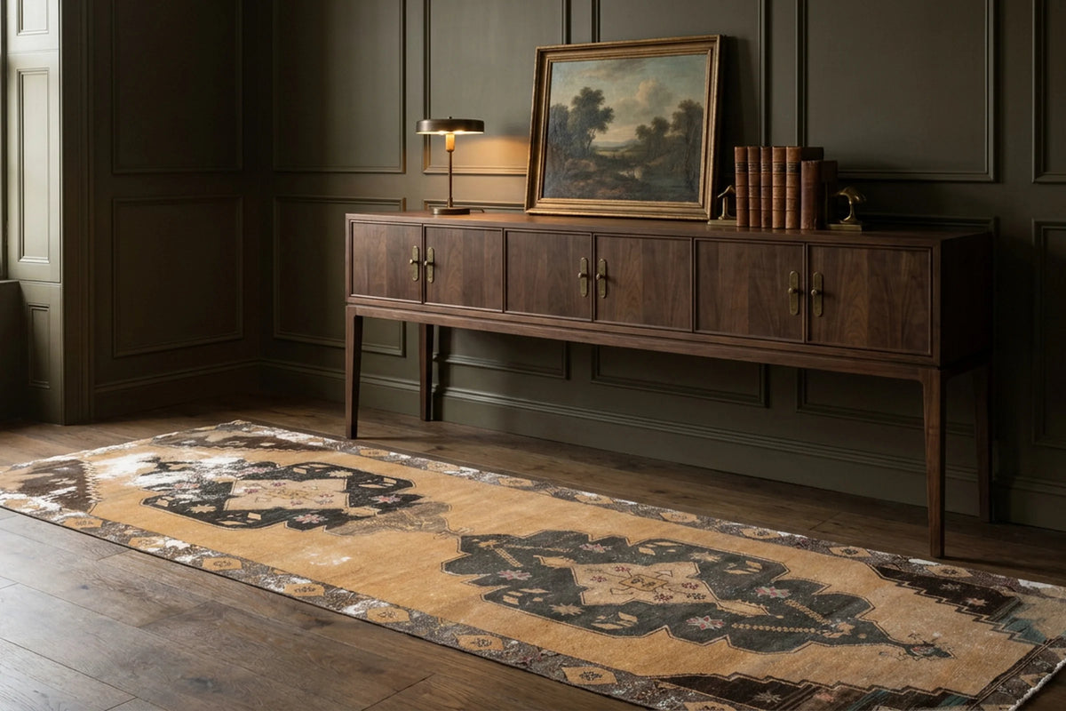 Beige Turkish runner rug in a styled room