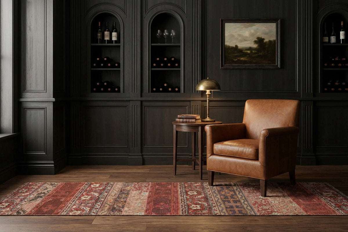 Red Turkish runner rug in a styled room