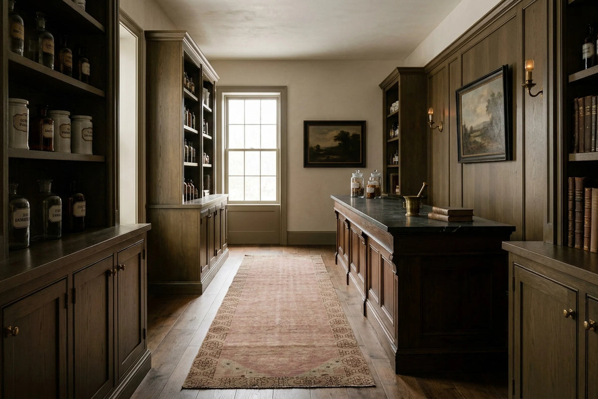 Pink Turkish runner rug in a styled room